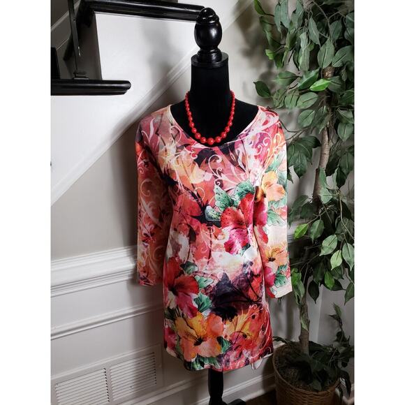 Indigo Soul Tunic Top Womens 1X Multicolor Floral Print Boho Blouse Stretchy - Picture 2 of 10